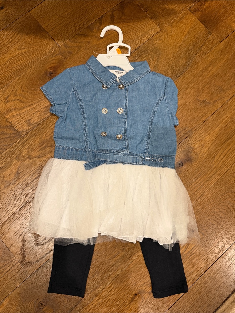 bebe Blue Denim Jacket Dress with Cream Tulle Skirt and leggings